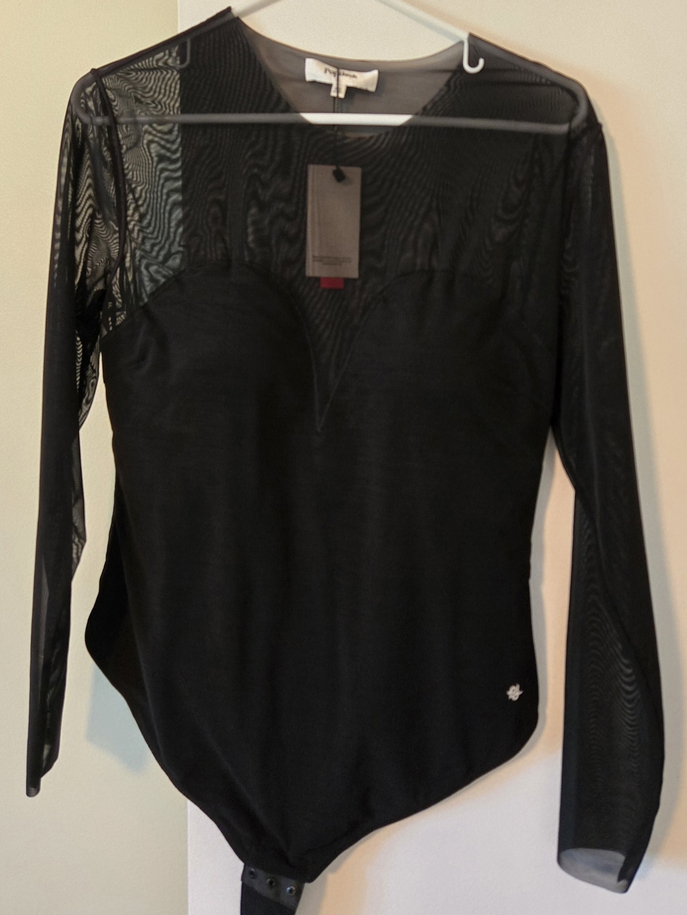 Popilush Black Sheer-Panel Long Sleeve Bodysuit
